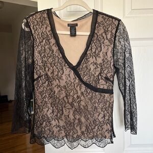 BCBGMaxAzria Black Lace Wrap-Style Blouse with Nude Slip